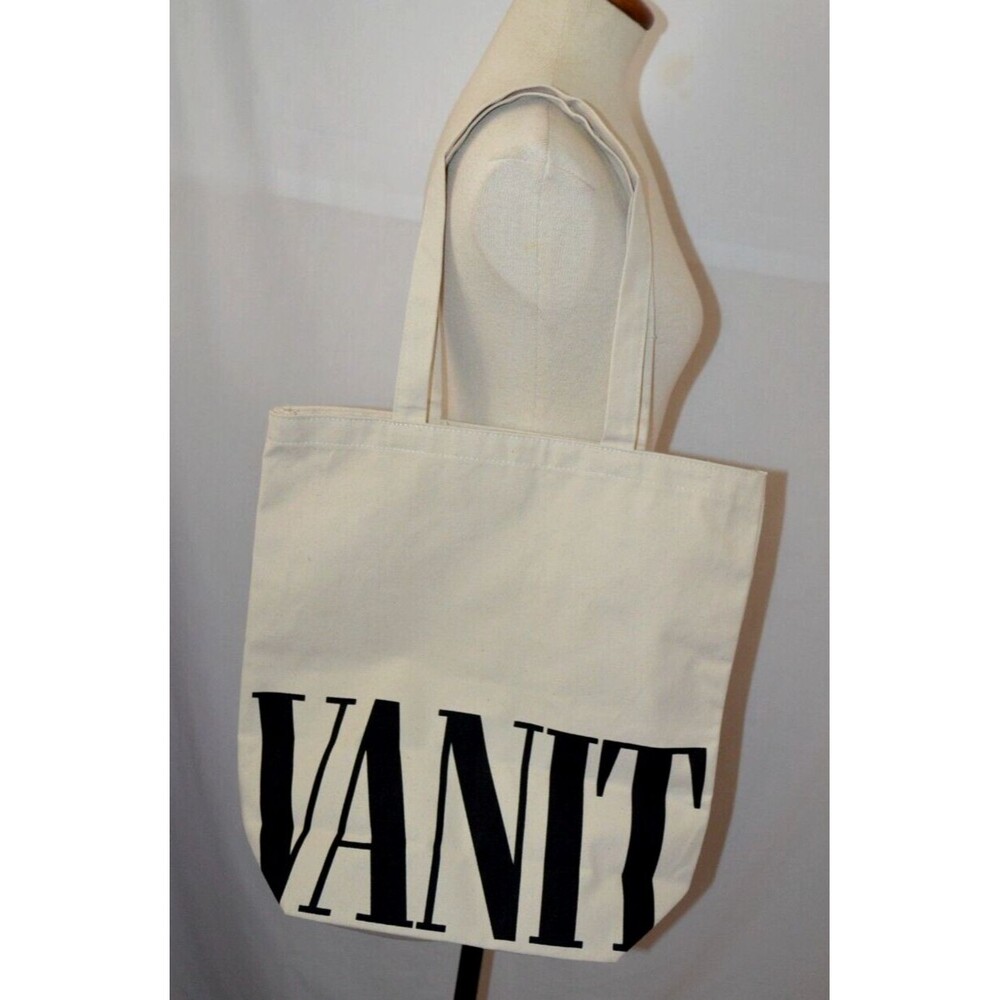 VANITY FAIR Tote Book Bag Natural Canvas Double Handle Magazine Black Logo